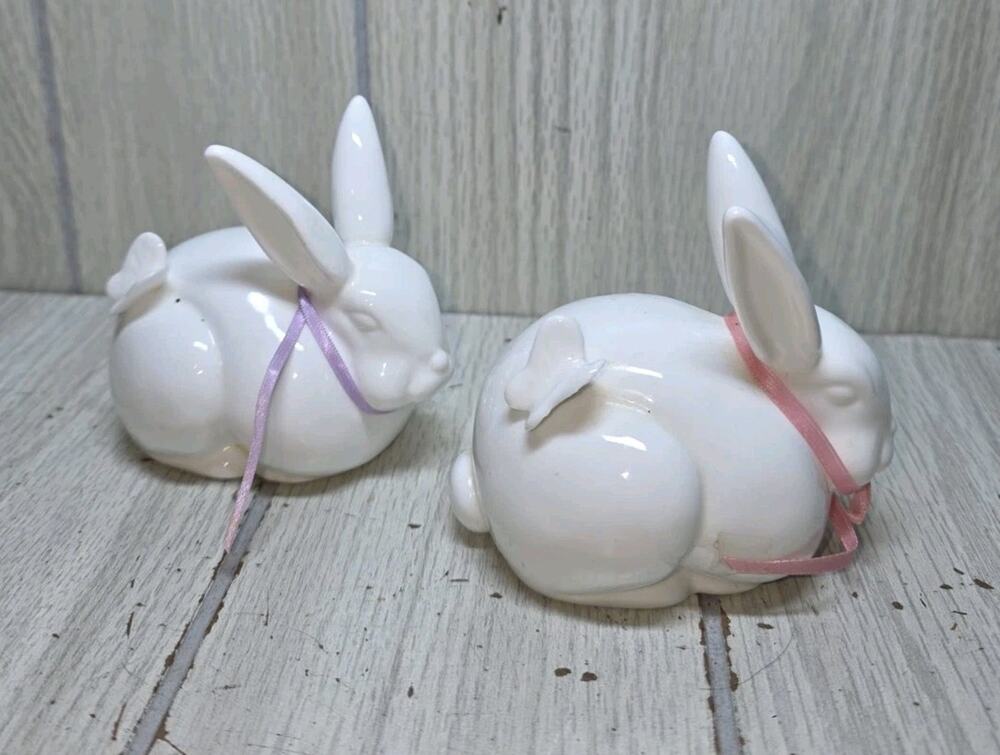 Vtg Department 56 White Bone China Bunny Rabbits W/Butterfly Set Spring Easter
